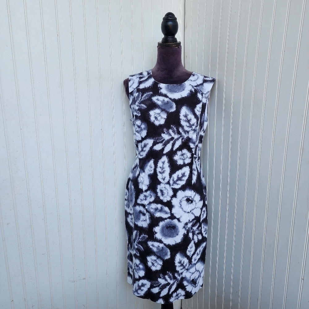 Donna Morgan Women's Geometric Linen Sheath Dress Black White Sleveless Sz 8